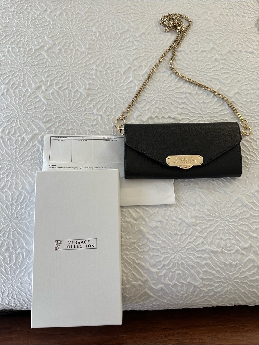 Versace Black Leather Wallet Crossbody with Gold Chain